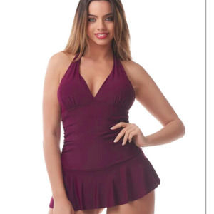 Sea & Sand Beachwear Halter Skirted Swimdress 18W